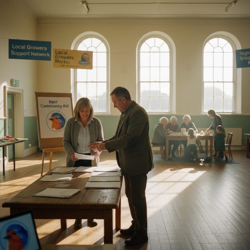 Charity director reviewing MAT compliance documents with a local supplier in a Kent community hall