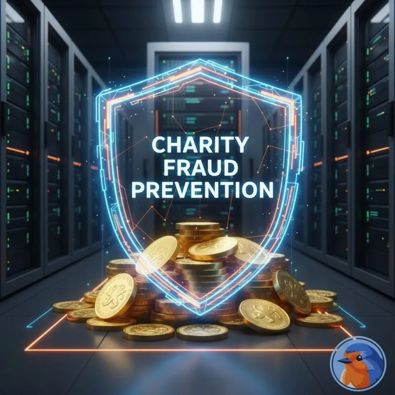 Charity Fraud Prevention featured image with holographic security shield and pound coins