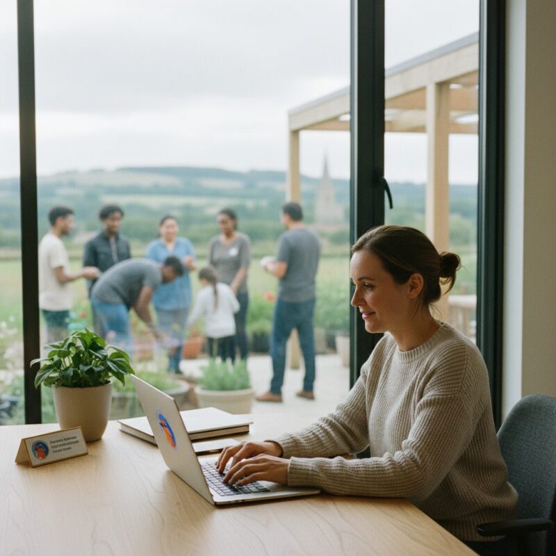 Charity operations manager using grant writing software efficiently at their desk