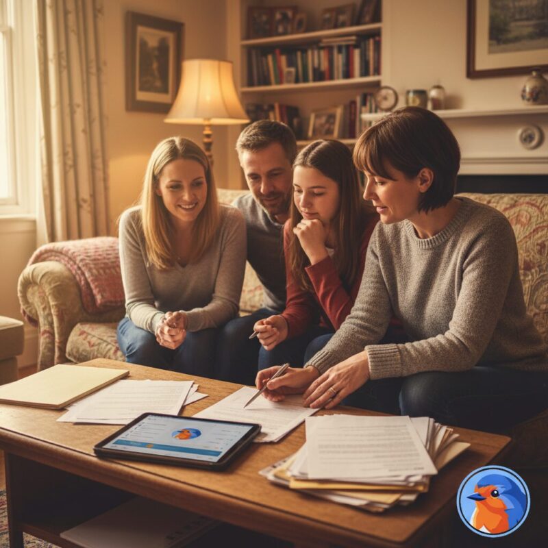 Charity project worker reviewing grant application documents with a family in a UK home