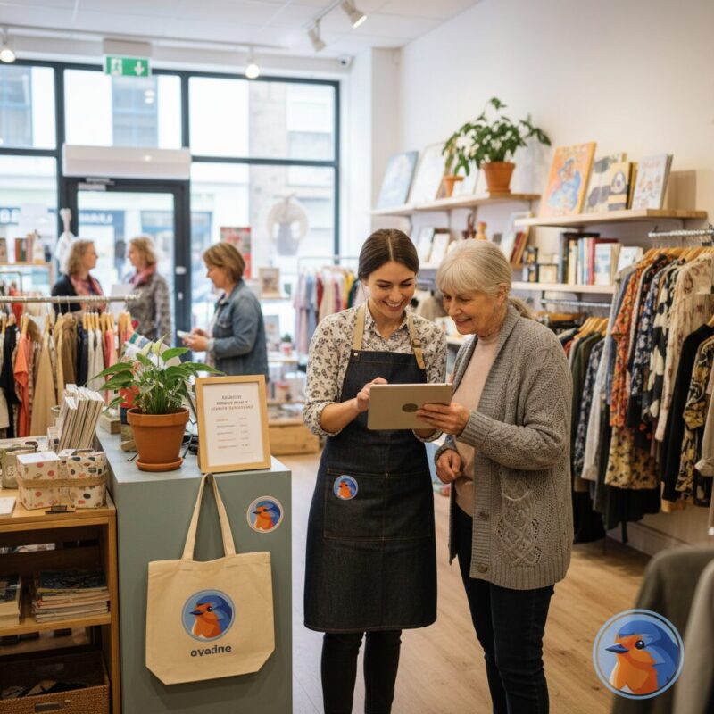 Charity shop manager training a volunteer on digital inventory software