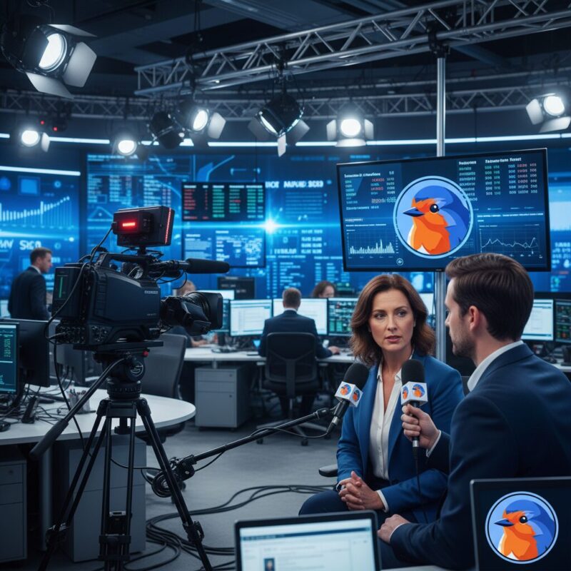 Charity spokesperson being interviewed in a professional news studio
