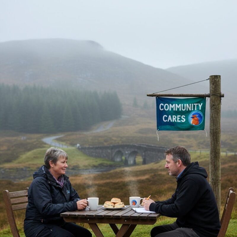 Charity worker and regional journalist having a coffee meeting in the Scottish Highlands