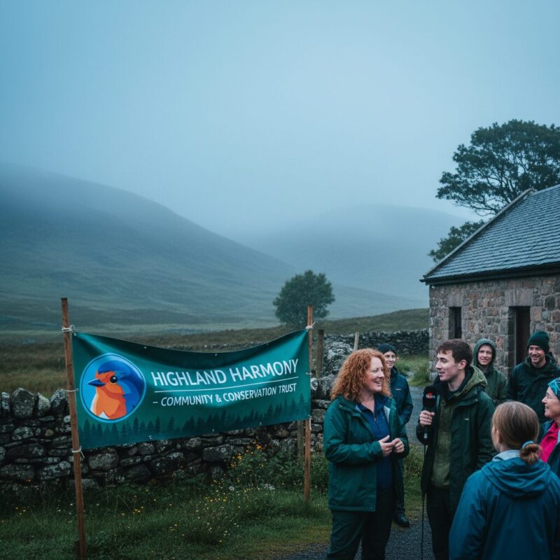 Charity worker speaking with a local journalist at a Scottish Highlands community event