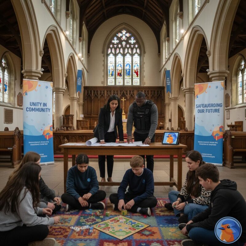 Church administrator and consultant reviewing infrastructure plans while a youth group meets
