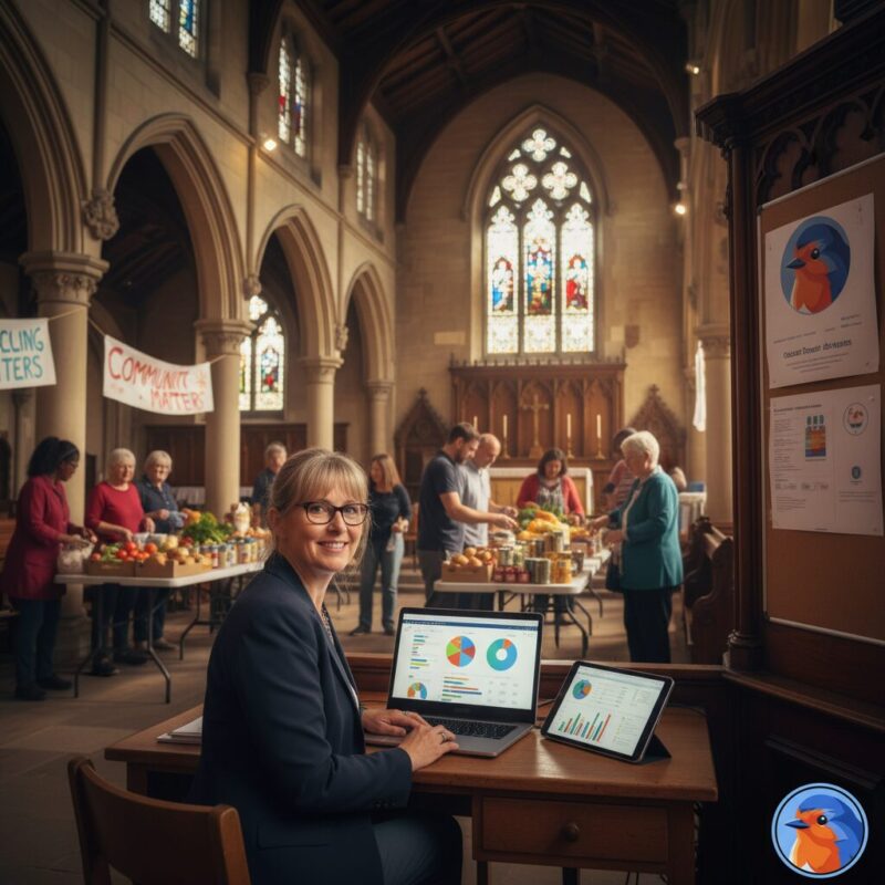Church administrator using a laptop to manage programs while a food bank operates in the background