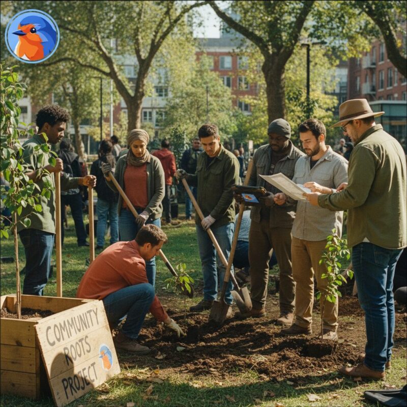 Community members and nonprofit leaders collaborating on an urban tree planting project