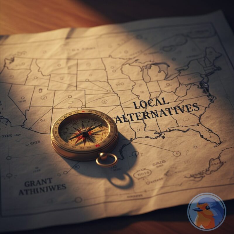 Compass on a US map blueprint pointing toward local grant alternatives