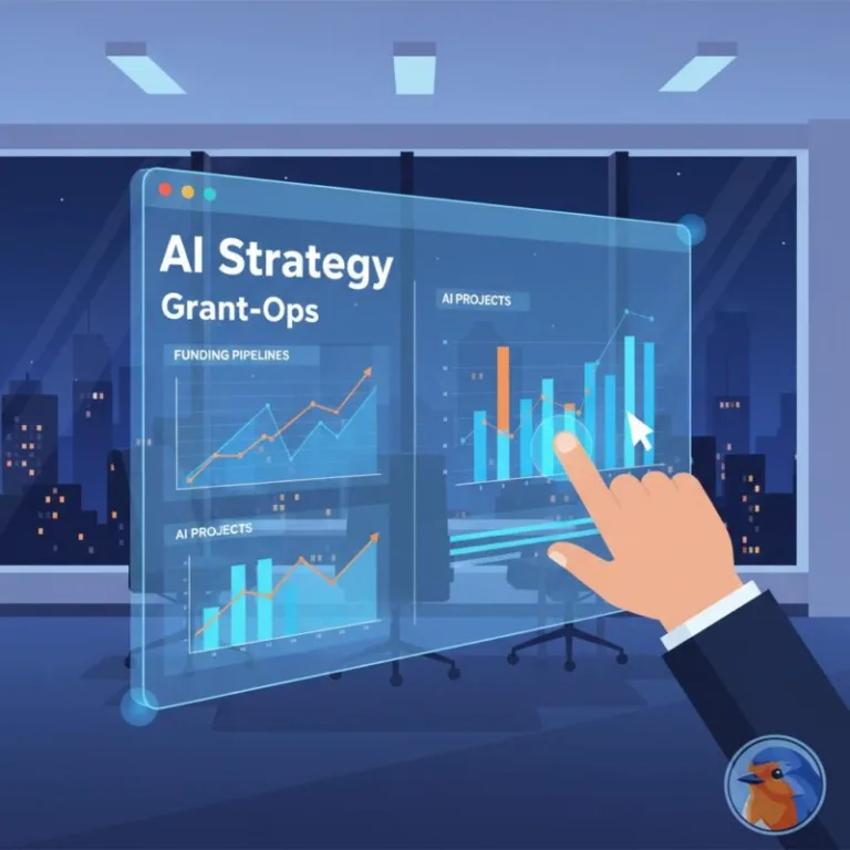 Corporate boardroom with holographic data interface displaying Grant-Ops AI Strategy