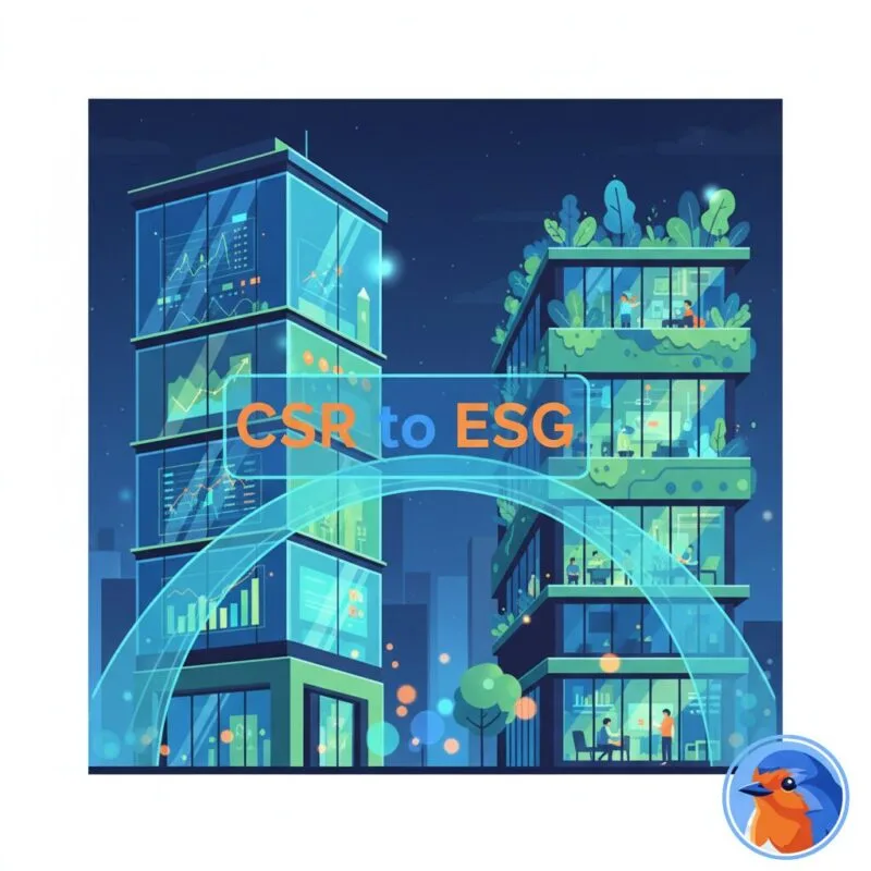 CSR to ESG featured image with glowing holographic compliance data in a modern boardroom