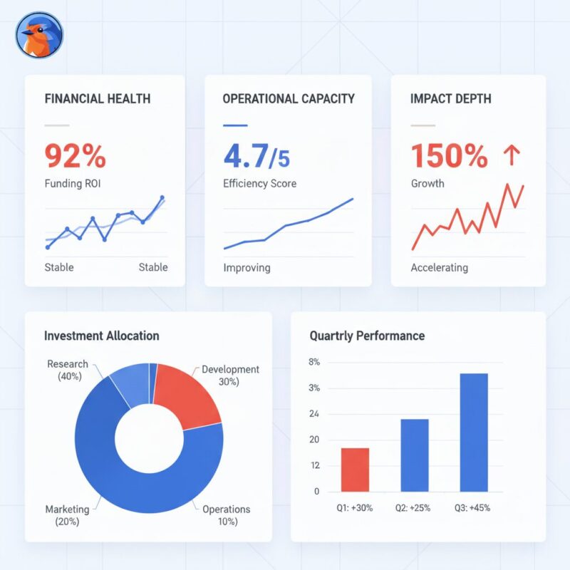 Dashboard displaying the Vital Few charity KPIs including Financial Health and Operational Capacity