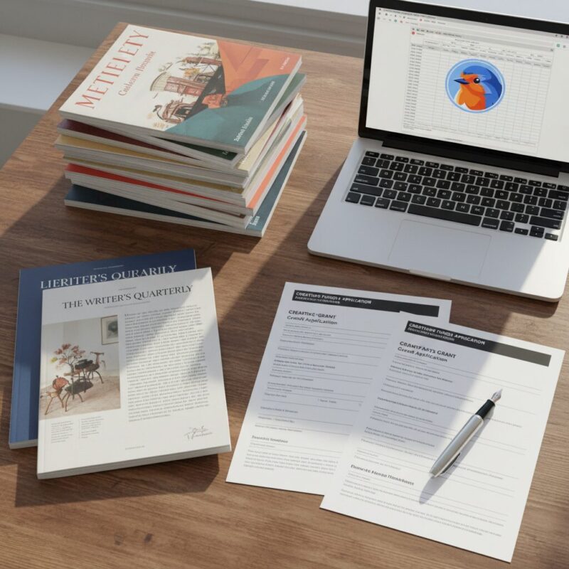 Desk with grant applications and literary magazines showing the business of writing