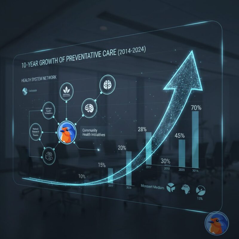 Digital chart illustrating the transition from hospital-based acute care to community-led preventative health models