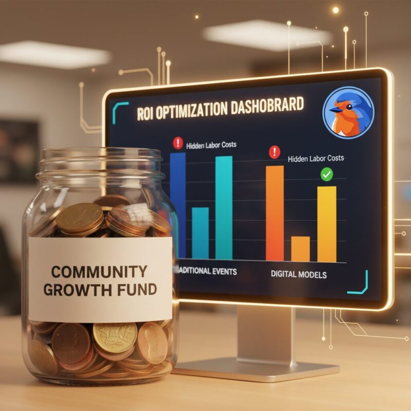 Digital dashboard tracking charity ROI metrics behind a jar of UK coins