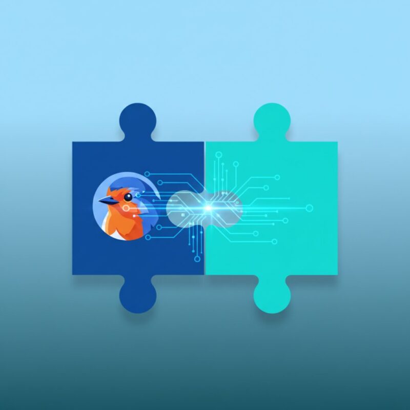 Digital integration illustration with blue and teal puzzle pieces connected by glowing data streams