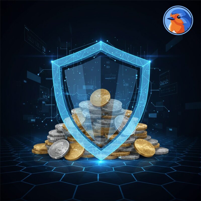 Digital security shield protecting pound sterling coins representing charity fraud prevention