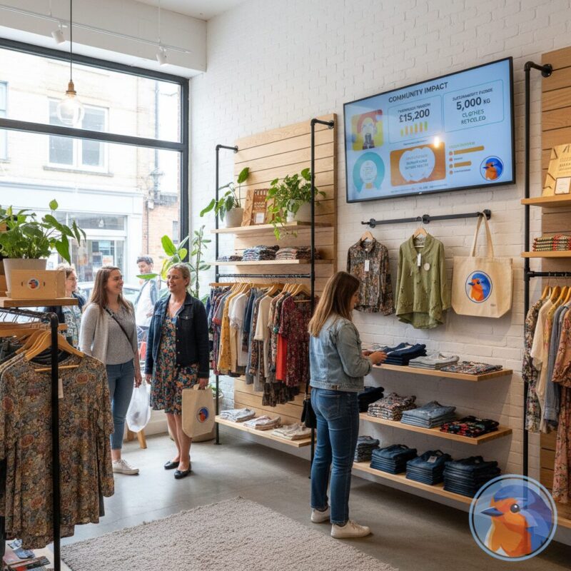 Digital signage in a charity shop displaying community impact metrics