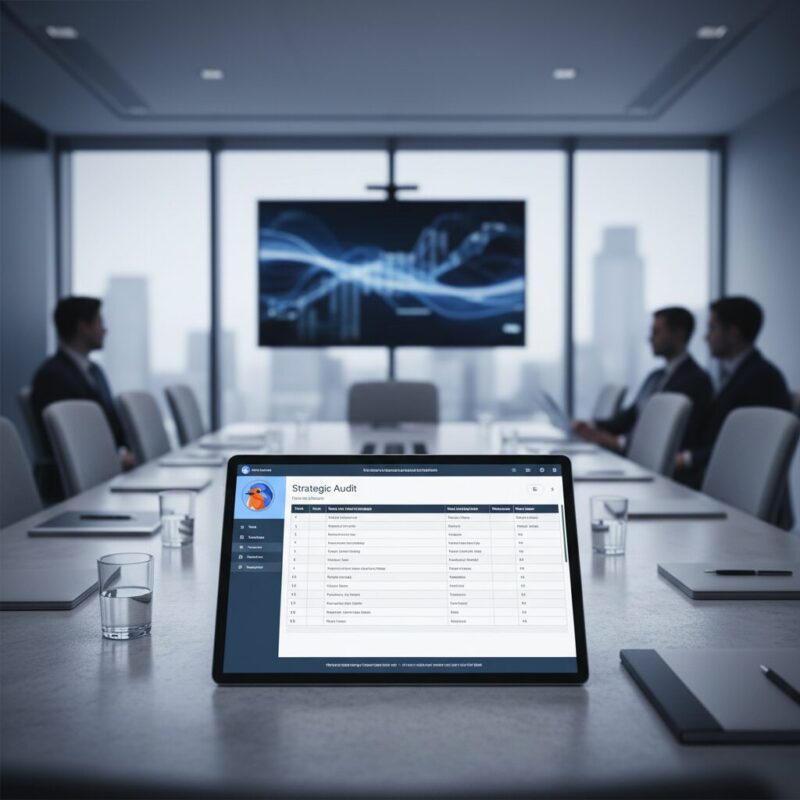 Digital tablet displaying a step-by-step AI governance audit checklist in a boardroom