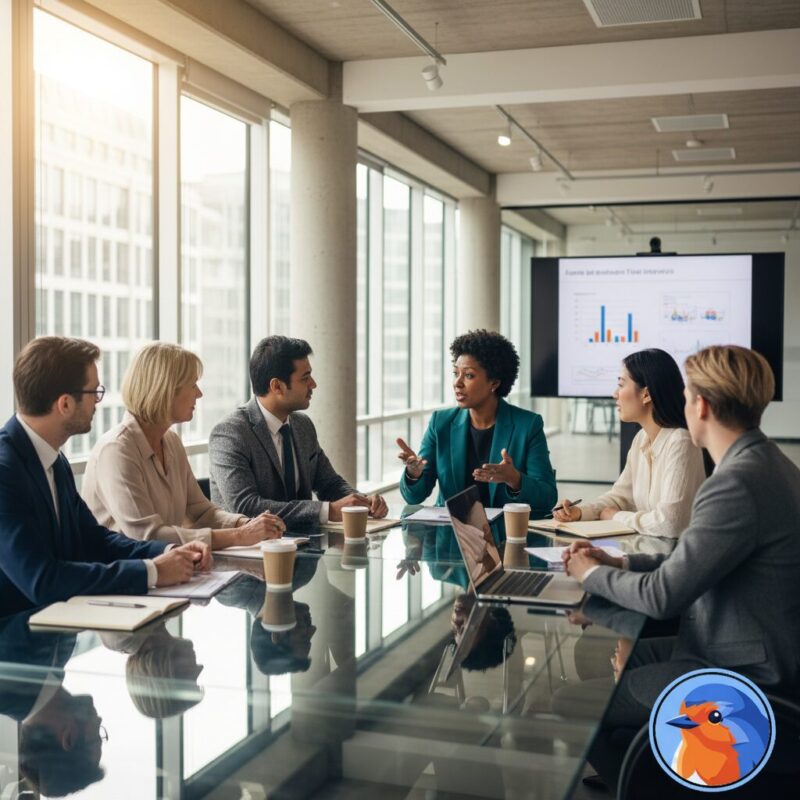 Diverse board of charity trustees discussing strategy in a modern bright UK office