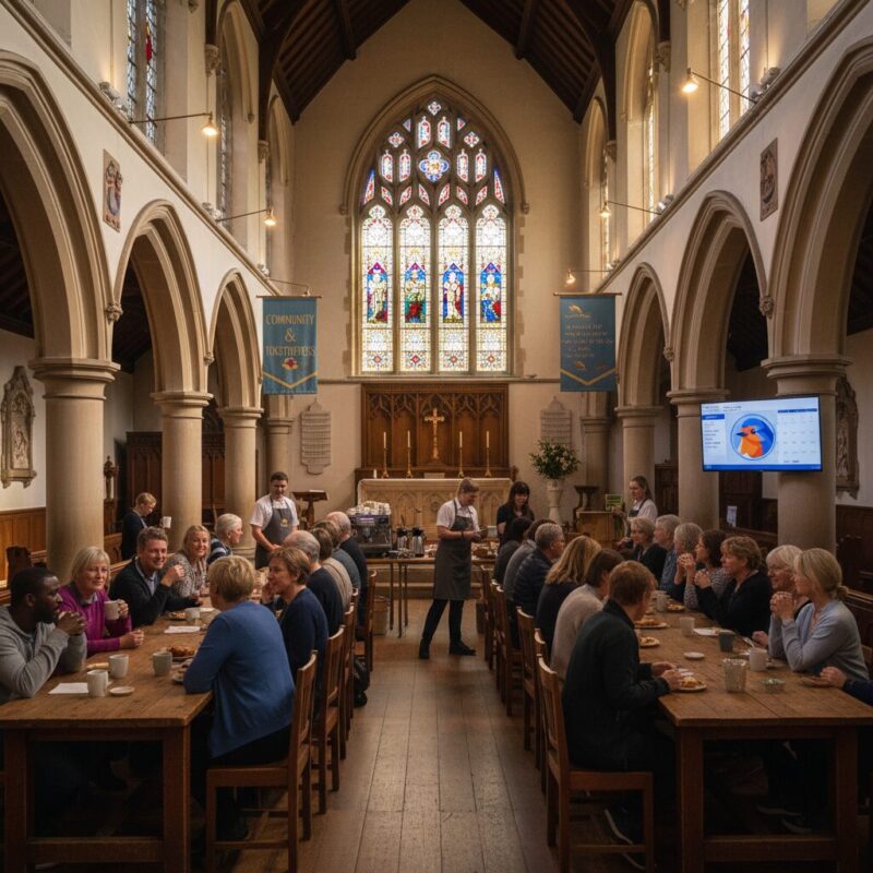 Diverse community members gathered for a coffee morning inside a classic UK church building