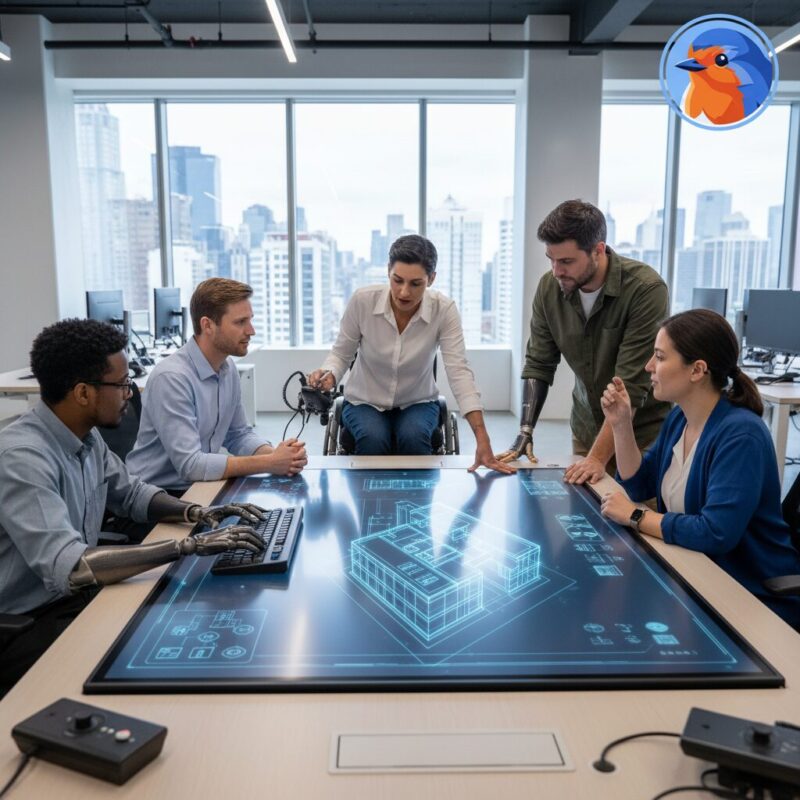 Diverse nonprofit team including a wheelchair user reviewing accessibility blueprints on a tablet