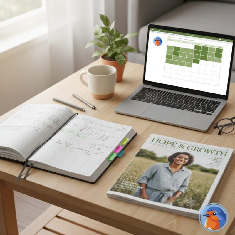 Editorial calendar and charity magazine on a green and cream workspace