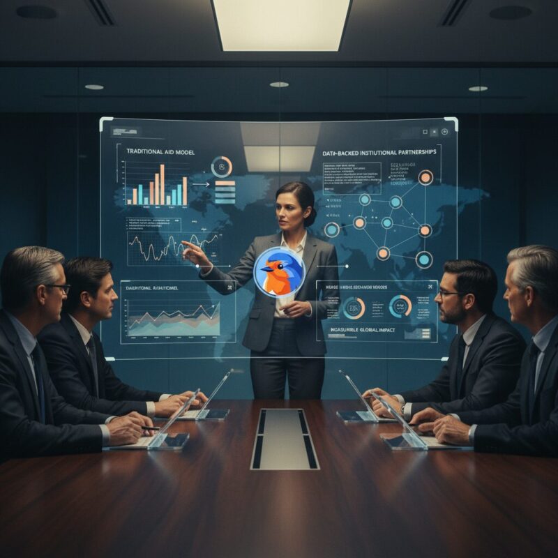 Executive reviewing outcome-based reporting and financial frameworks on a digital display