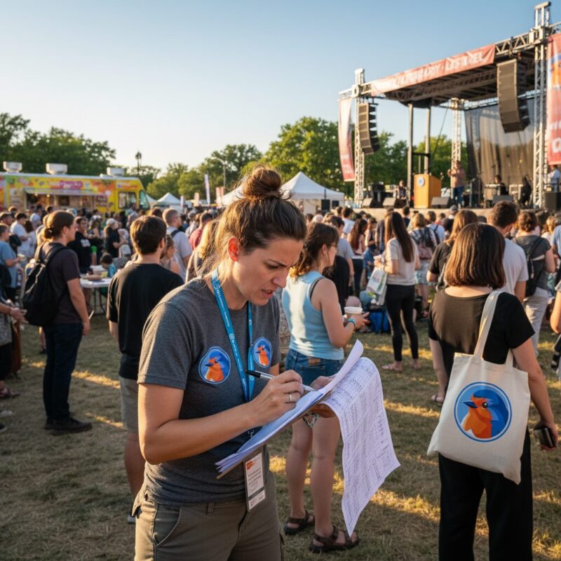 Festival organizer managing tight schedules at an outdoor literary event