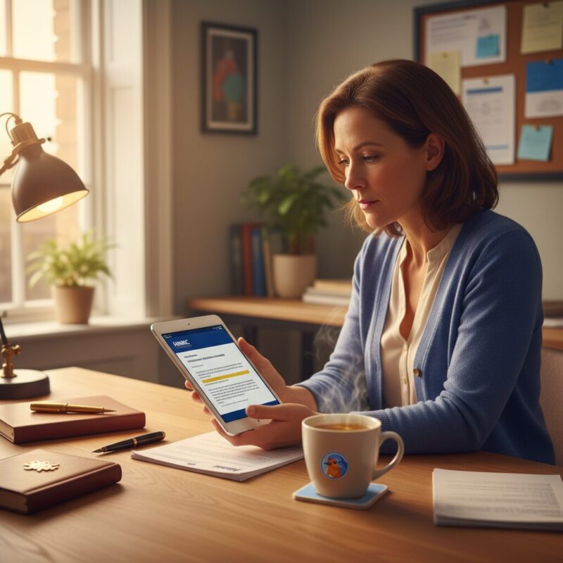 Finance officer verifying UK charity registration status on a tablet device