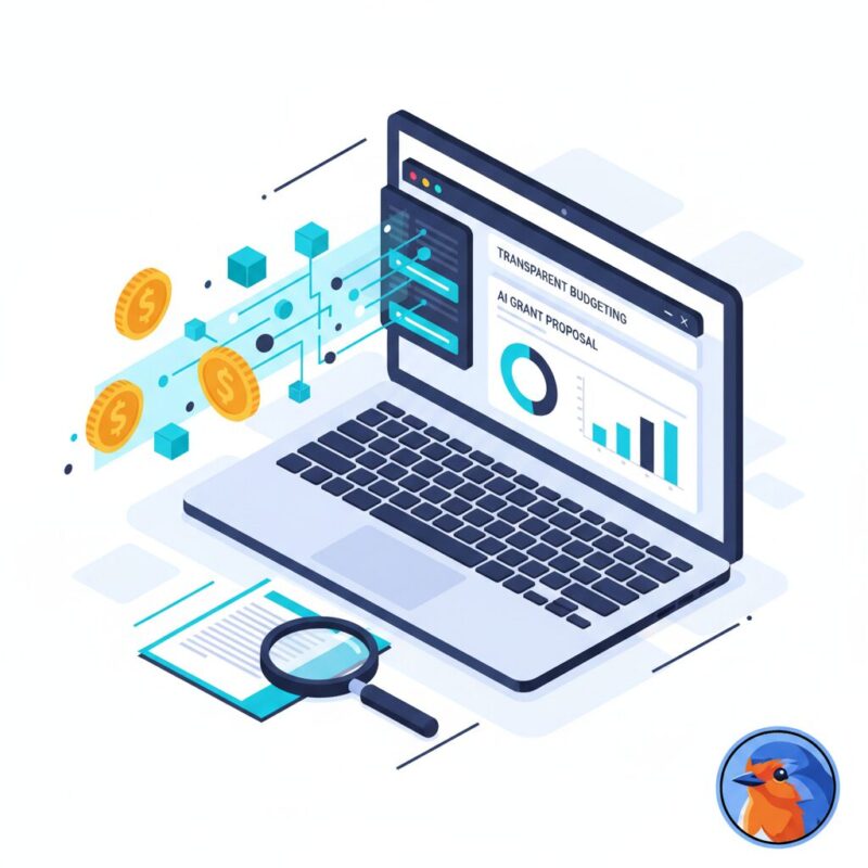 Flat design graphic showing cost-saving digital grant writing software