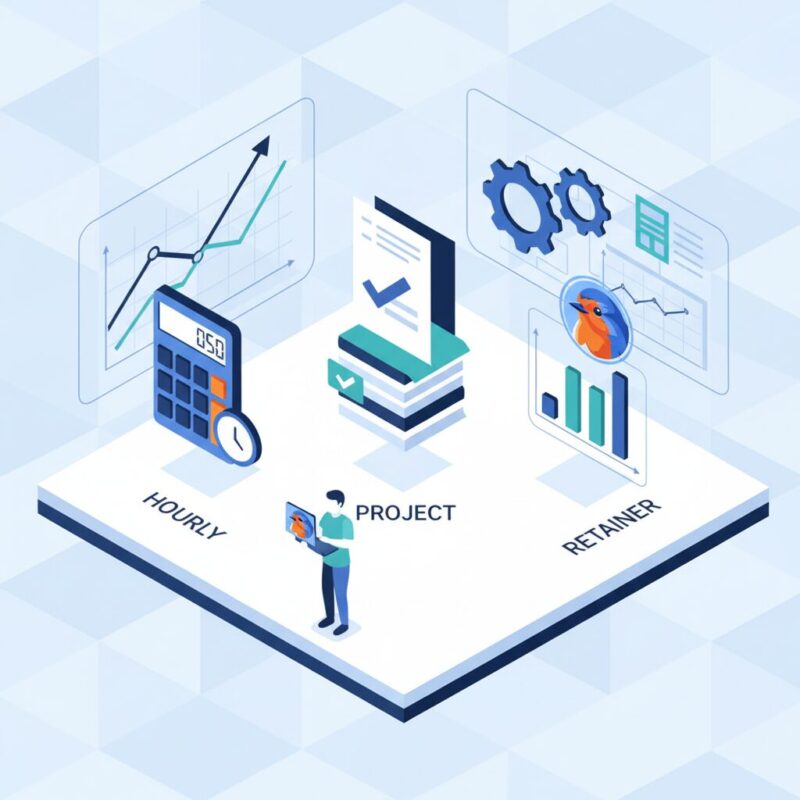 Flat design illustration comparing hourly, project-based, and retainer grant writer pricing models