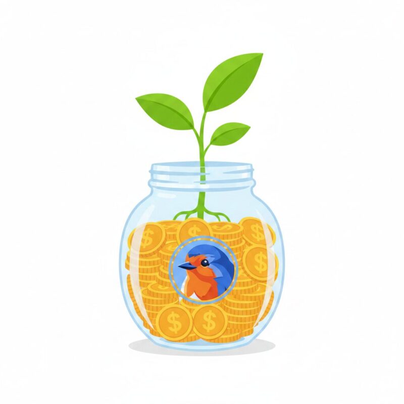 Flat design illustration of a plant growing from a coin jar representing targeted charity seed funding