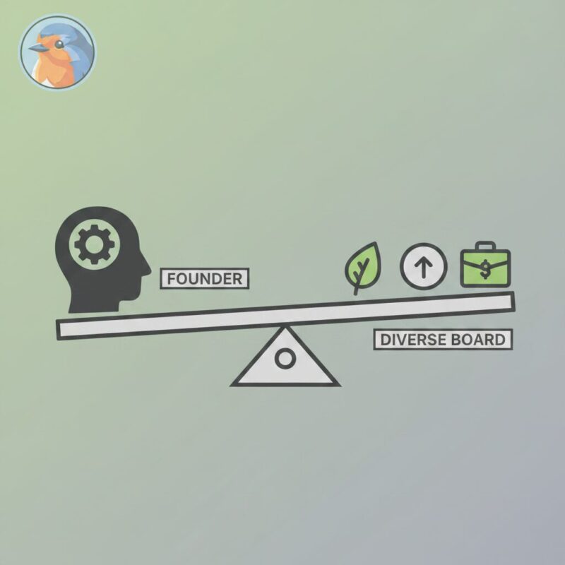 Flat design illustration representing balanced charity board governance and overcoming founder syndrome