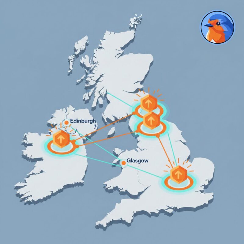Flat design map of UK highlighting community funding hubs in Northern Ireland and Scotland