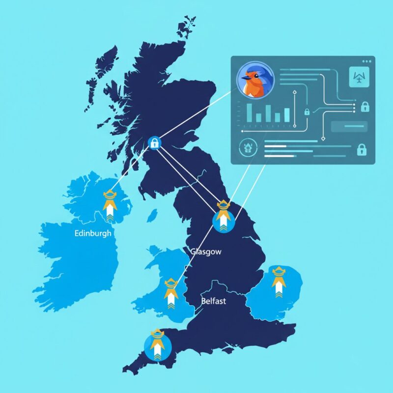 Flat design visualization of AI dashboard tracking grants across UK community hubs