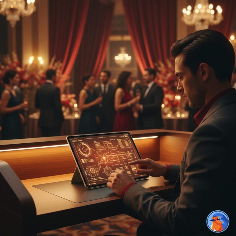 Fundraising professional reviewing digital data at a sophisticated evening event