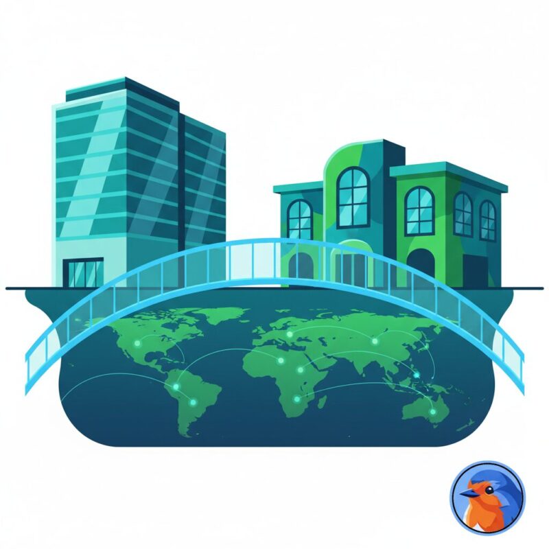 Global map illustration with data nodes representing international corporate funding
