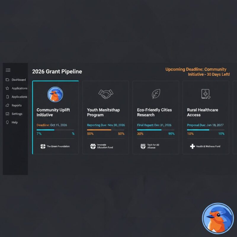 Grant pipeline management software dashboard showing five active grants with automated deadline tracking