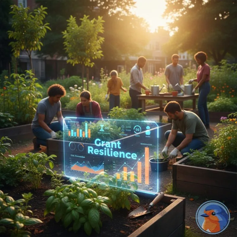 Grant Resilience text over a community garden with holographic data interfaces