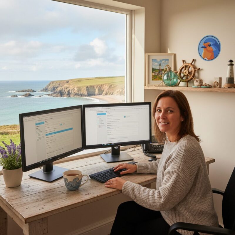 Grant writer working efficiently on dual monitors in a bright office