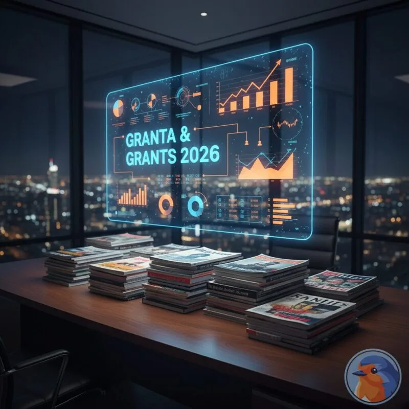 Granta & Grants 2026 featured image showing holographic funding data over literary magazines