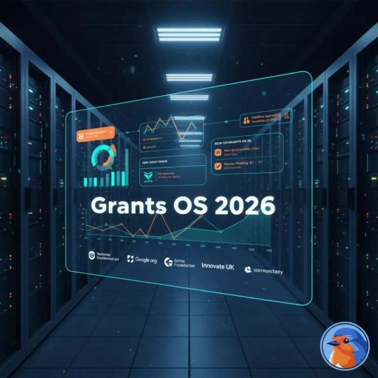 Grants OS 2026 featured image displaying a glowing holographic pipeline over modern servers