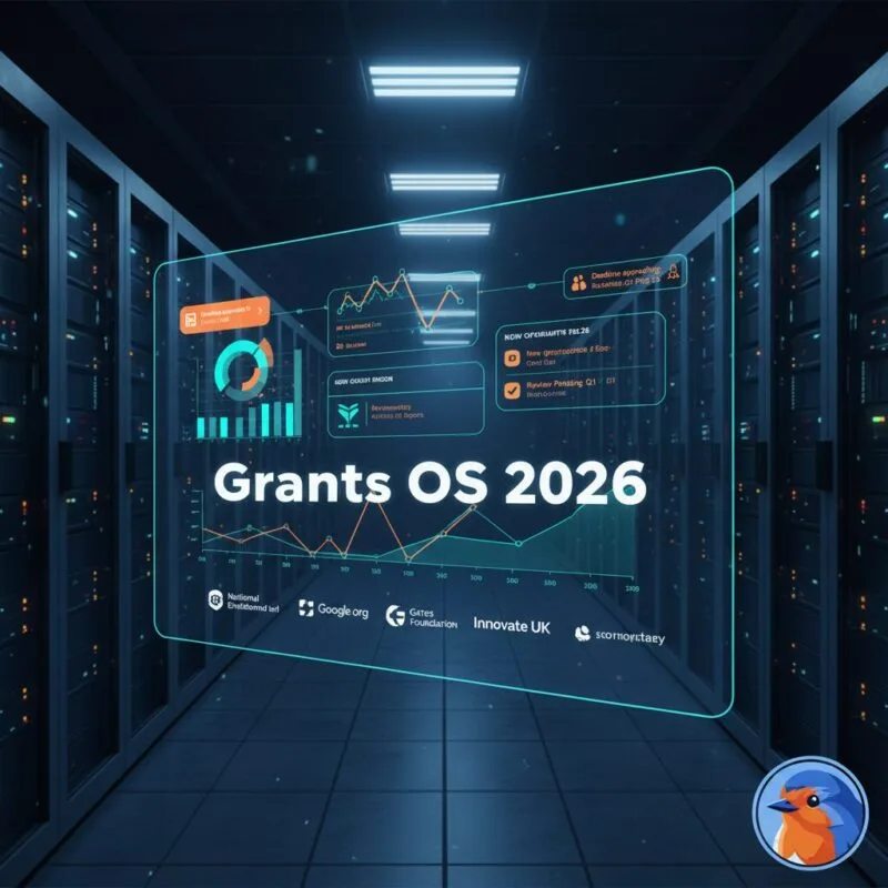Grants OS 2026 featured image displaying a glowing holographic pipeline over modern servers