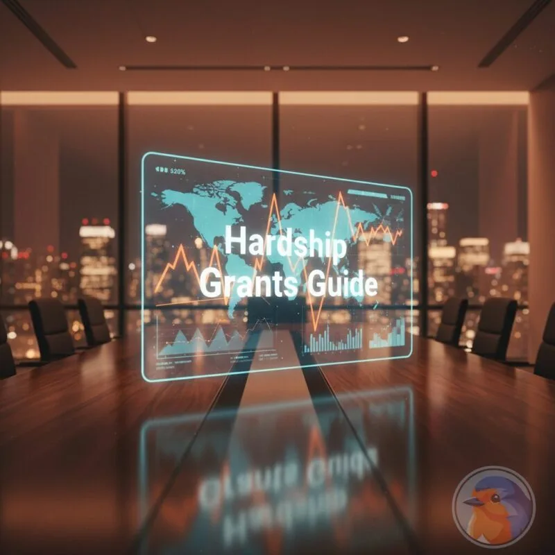 Hardship Grants Guide featured image showing holographic financial data in a modern boardroom