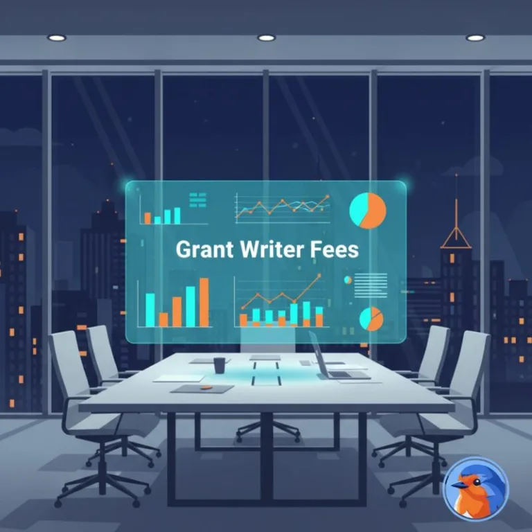 Holographic financial charts displaying Grant Writer Fees over a modern boardroom
