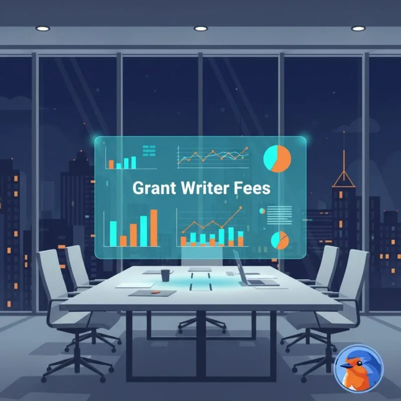 Holographic financial charts displaying Grant Writer Fees over a modern boardroom