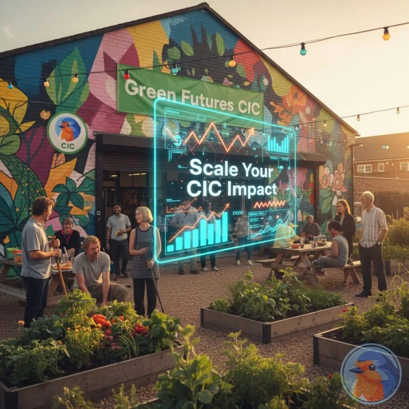 Holographic financial charts floating above a UK community project site
