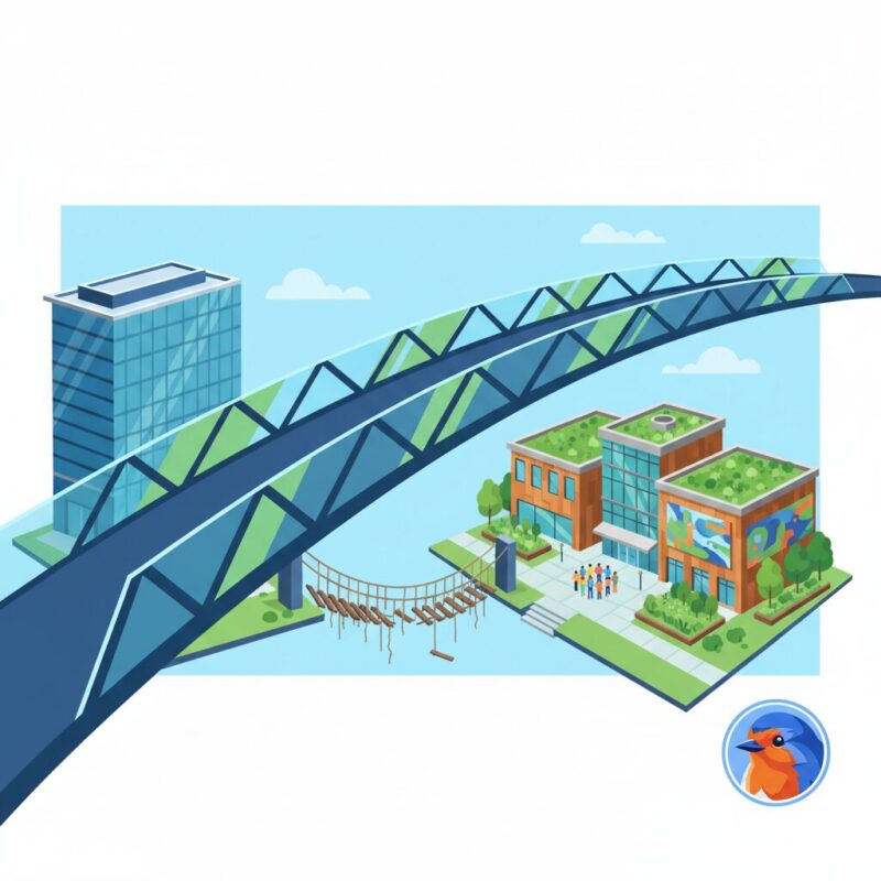 Illustration of a sturdy bridge connecting a corporate glass building to a community center