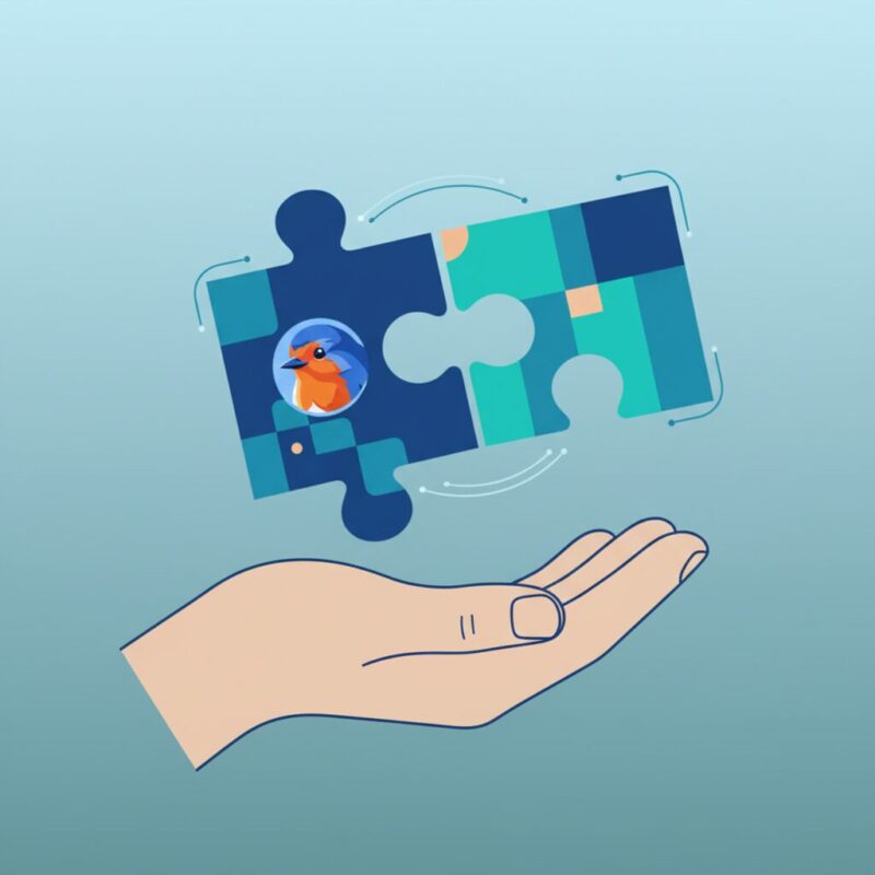 Illustration of puzzle pieces held by a hand representing talent retention and staff support during mergers