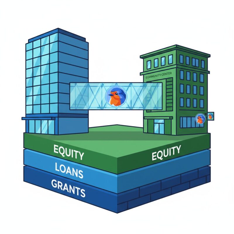 Illustration showing stacked financial blocks supporting a community bridge